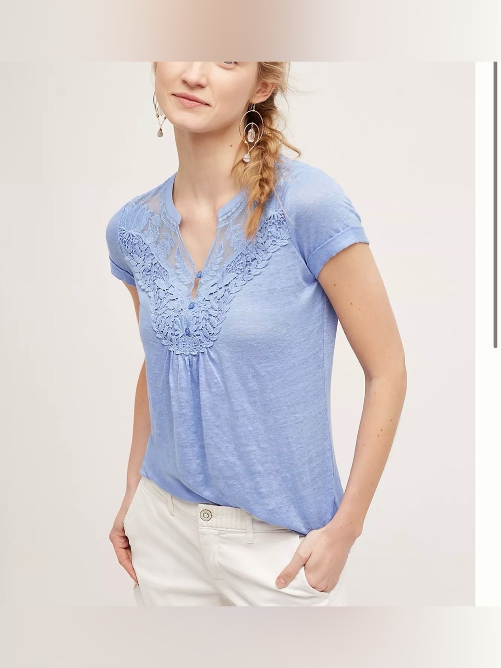 Anthropologie Deletta Aria Blue 100% Linen Lace Detail V-Neck Top Blouse